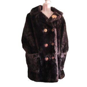 Dark Brown Vintage Faux Fur Coat Gold Crest Buttons Large No Tags Damage